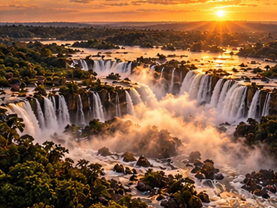 Vista aérea das Cataratas do Iguaçu cercadas de floresta