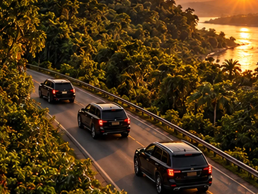 SUVs pretas em comboio numa estrada cercada de mata